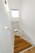 Narrow staircase with wooden steps and white railing, clear and tidy, house renovation, climate
