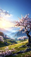 Landscape with a blooming apricot tree, idilyc spring nature, green grass and mountains in
