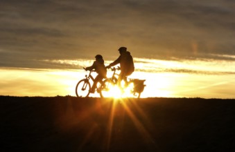 Cyclists ride on a cycle path on the island of Fehmarn at sunset, 13.10.2025, Fehmarn,