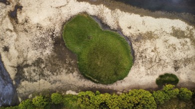 A patch of grass next to a calm dark lake on a cloudy day, seen from above