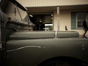 The front end of a 1950's Series One Land Rover, parked at the Toronto North York Hunt Club in