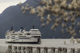 A large ferry on a calm body of water with mountains in the background under a cloudy sky in