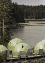 Green dome structures situated by the water with a forest backdrop in Tofino, British Columbia,