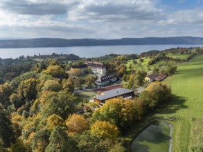 Aerial view of Lake Constance, Überlinger See, surrounded by autumn vegetation with Spetzgart