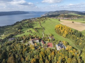 Aerial view of Lake Constance, Überlinger See, surrounded by autumnal vegetation with Spetzgart