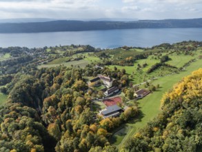 Aerial view, panorama of Lake Constance, Überlinger See, surrounded by autumn vegetation with