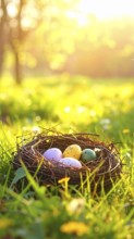 Nest with easter eggs in a basket on grass, sunny spring day, fresh beautiful landscape at