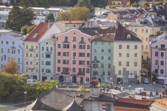 Colourful row of houses in Mariahilfstraße on the Inn River, Old Town, Innsbruck, Tyrol, Austria