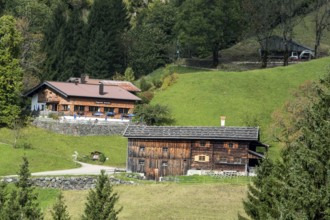 View of historic mountain farming village Gerstruben, Oberstdorf, Allgäu Alps, Oberallgäu, Allgäu,