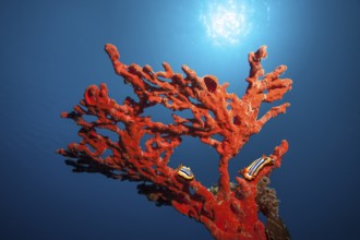 Pajama slug (Chromodoris quadricolor), two, crawling over Red Fire Sponge (Latrunculia magnifica),