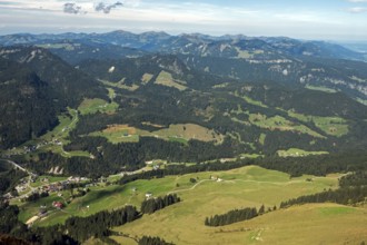 View of Riezlern and Kleinwalsertal from the Fellhorn, back mountains of the Allgäu Alps,