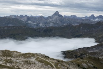 View from the Nebelhorn summit to mountains of the Allgäu Alps, mountains rise from fog in the