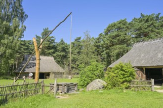 Farmhouse, thatched roof, fountain, Estonian Open Air Museum, Rocco al Mare, Tallinn, Estonia