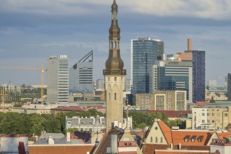 City panorama, old town with town hall tower in front, modern business district, skyscrapers,