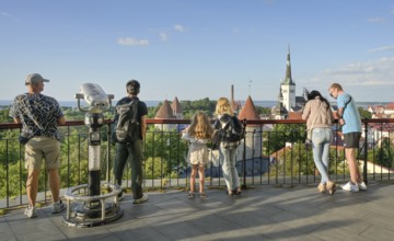 Tourists, Patkuli observation deck, city panorama, view of the old town, Tallinn, Estonia