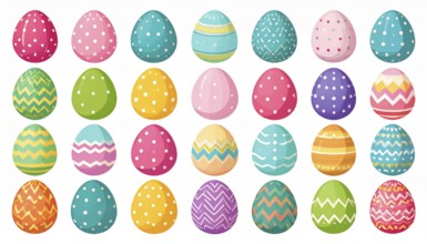 Set of easter eggs flat design on white background, abstract vector wallpaper illustration, banner