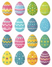 Set of easter eggs flat design on white background, abstract vector wallpaper illustration, banner