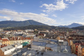 City overview with mountains Patscherkofel and Serles, old town, Innsbruck, Tyrol, Austria