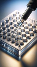 A micropipette targets a glossy multiwell plate under cool blue light, highlighting precision and