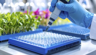 Pipetting beside trays of young plants, merging laboratory precision with agriculture, Pipette
