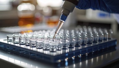 A pipette dispenses clear liquid into aligned microtubes on a blue rack, framed by soft amber