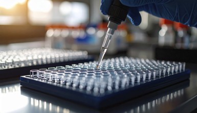 Pipette hovers over a dark blue assay plate amid blurred reagent bottles, Pipette dispensing a