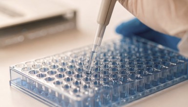 A technician loads a clear blue-tinted microplate with careful precision, Pipette dispensing a