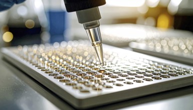 A droplet hovers above a dense array of wells, shimmering under warm lab highlights, Pipette