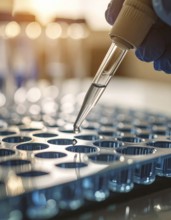 Clear reagent droplet nears blue-filled wells in warm laboratory light, controlled and calm,