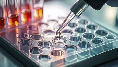 Close-up droplet poised over clear wells glowing with warm and cool lab light, Pipette dispensing a