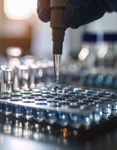 A gloved hand guides a pipette above blue-filled wells in gentle backlight, Pipette dispensing a