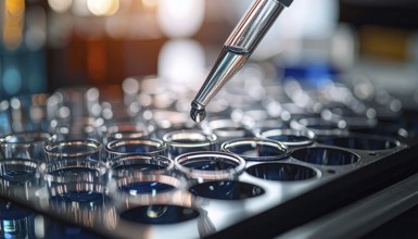 Shiny pipette tip releases a droplet over a dark, reflective microplate, Pipette dispensing a