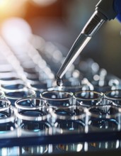 Backlit droplet poised above gleaming wells, crisp vertical composition with luminous highlights,