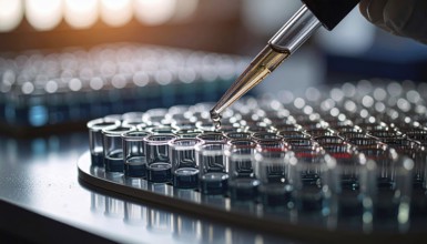 Amber droplet hovers above blue wells under warm light, careful dosing in progress, Pipette