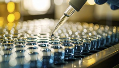 Droplet descends toward blue-filled wells amid warm bokeh glow, precise lab moment, Pipette