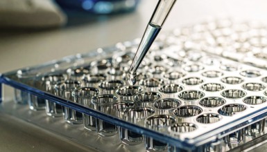 Blue-tinted droplet about to land in a clear microplate, calm clinical atmosphere, Pipette