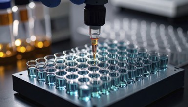 Automated pipette delivers reagent into a teal-filled 96-well plate, focused high-tech lab scene,