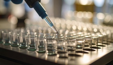 Single droplet hangs over a row of wells in warm, late-day lab light, Pipette dispensing a liquid