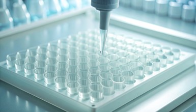 Minimal, high-key lab scene with a droplet descending toward pale mint wells, Pipette dispensing a