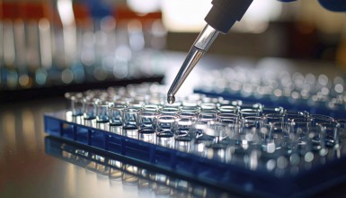 Drop suspended above a blue microplate amid moody lab bokeh, Pipette dispensing a liquid onto a