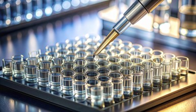 Precision tip dispenses into gleaming wells under cool, polished lab lighting, Pipette dispensing a