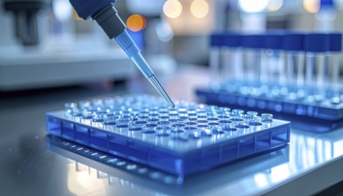 A blue-tipped micropipette targets a blue microplate amid softly blurred lab glassware, Pipette