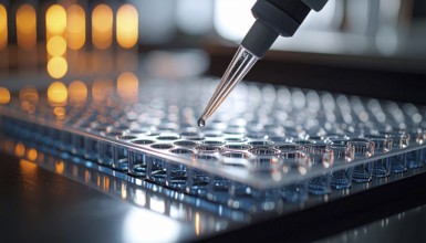 A precision droplet from a pipette meets a microplate on a lab bench with moody light, Pipette