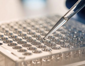 Clear pipette delivers a droplet to a transparent microplate under warm lab light, Pipette