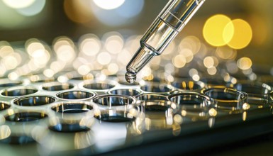 A gleaming droplet at a pipette tip above reflective microplate wells with golden bokeh, Pipette