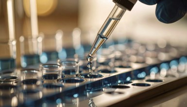 Controlled drops from a pipette feed blue reagent into a microplate under warm light, Pipette