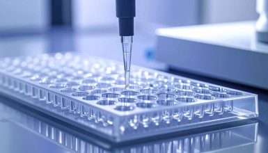 A pipette aligns over a clear 96-well plate in a clean, cool-toned laboratory, Pipette dispensing a