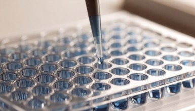 A droplet falls from a pipette into a blue-filled 96-well plate under warm lab light, Pipette