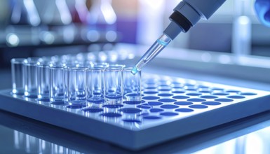 Precision pipetting over aligned test tubes on a microplate in cool blue lab light, Pipette