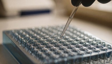 Droplet poised over a 96-well microplate, precision pipetting in a sterile lab setting, Pipette
